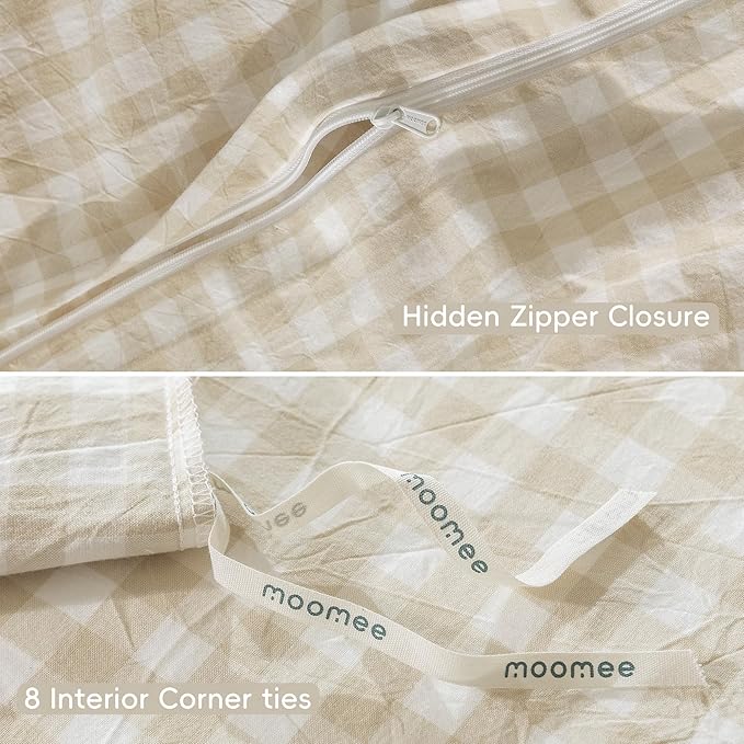 MooMee Gingham Duvet Cover Set 100% Washed Cotton Linen Like Textured Breathable Durable Soft Comfy Modern Checkered Design (Almond Milk Grey Gingham, Twin 68"x90")