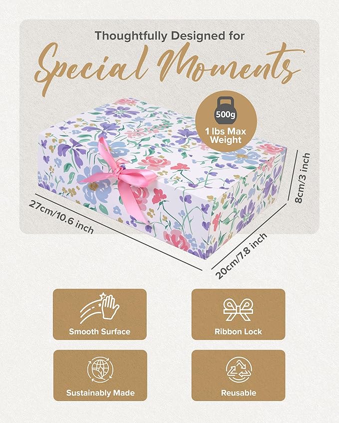 HummingBox Floral Gift Box Set of 16 - Gift Boxes for Presents & gifting on weddings, birthdays & more - Easy to Assemble Floral Gift Boxes With Lids & Ribbon Closure - Decorative Boxes With Lids