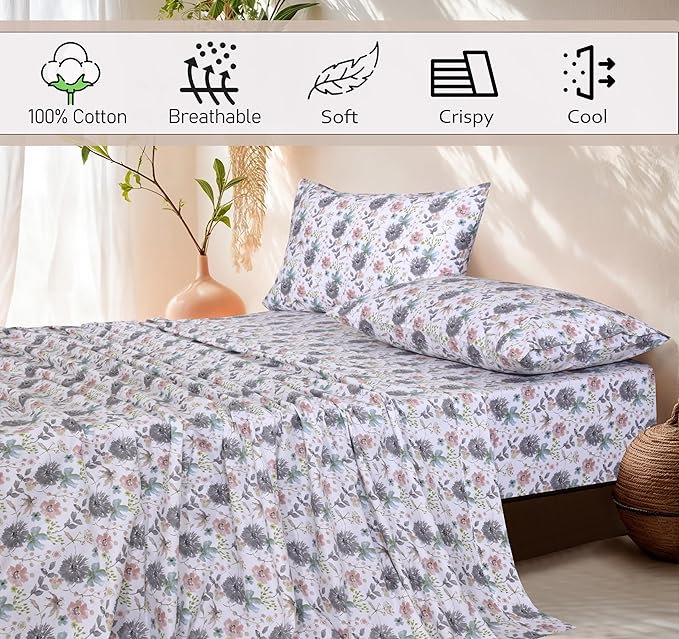RUVANTI 100% Cotton Full Size Bed Sheets, 4 Pieces, Soft & Breathable Percale Weave Bedding, Deep Pocket 16", Hotel Standard, Crisp Cool Feel, Durable, Perfect Sheet Set Floral, Dandelion Field