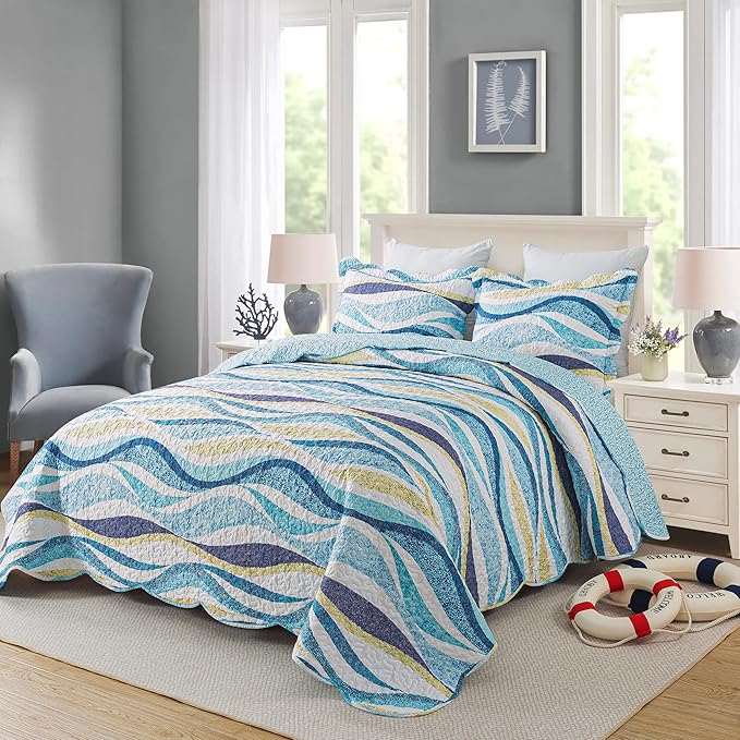 HoneiLife Beach Quilt King Size - 3 Pieces Coastal Quilt Sets Nautical Bedspreads Ocean Coverlets Lightweight Bed Cover, King Quilt Bedding Set All Season Quilts