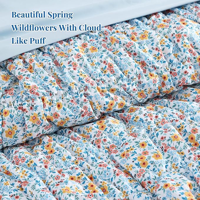 Twin XL Comforter Set - 5 Pieces Puff Blue Marigold Floral Bedding Set for All Seasons, Shabby Chic Farmhouse Bed in a Bag Twin XL with Floral Comforter, Sheets, Pillowcases & Shams