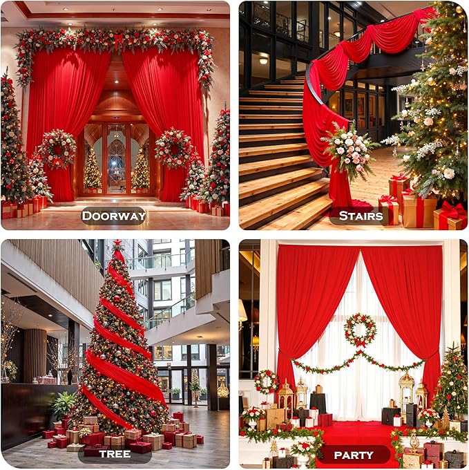 PartyVillage 50ft×15ft ChrismasRed Backdrop Curtain for Wedding Parties, 10 Panels Wrinkle Free 15 FT Long Polyester Photo Backdrop Drapes Back Drop Cloth for Birthday Photography Background