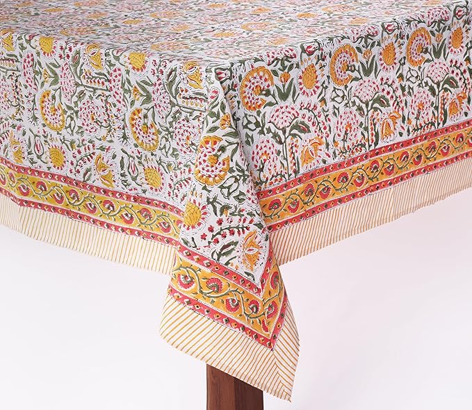 ATOSII Clover Yellow 100% Cotton Square Fall Tablecloth, Handblock Floral Print Linen Table Cloth for Kitchen Dining I Parties, Weddings, Outdoors, Christmas, Thanksgiving Fall Decor 60 X 60 Inches