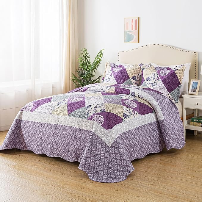 HoneiLife Queen Size Quilt Sets - 3 Pieces Queen Quilt Bedding Set Microfiber Quilt Set Lightweight Bedspreads Reversible Coverlets Retro Bed Cover Floral Bedding Set All Season Quilts-Beige & Purple
