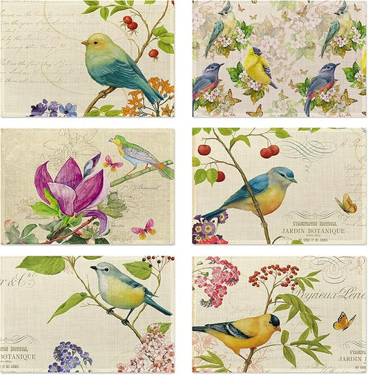Bird Placemats Set of 6,Washable Heat Resistant Table Mats Vintage Place Mats for Kitchen Dining, Cozy Fall Winter Decor, Bird Floral Pattern