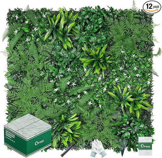 Grass Wall, Artificial Boxwood Panels 20"x20"(12pcs), Privacy Hedge Fence Screen with UV Protection, Greenery Backdrop for Indoor Home Wedding Decor and Outdoor Garden Backyard