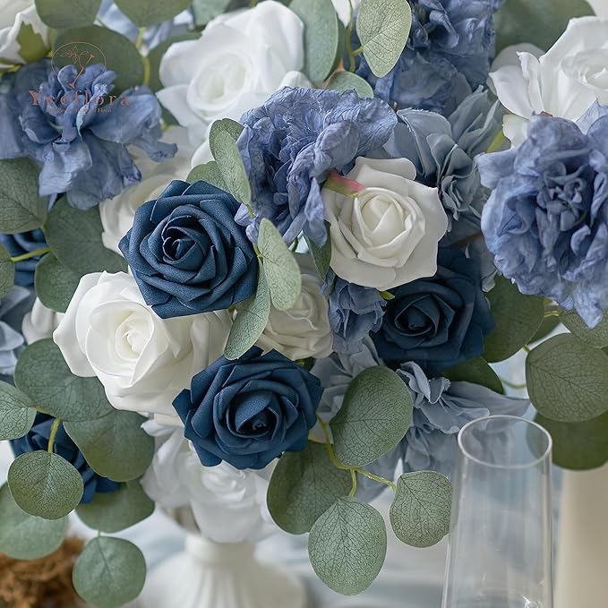 Artificial Flowers, 100pcs Artificial Rose for DIY Wedding Bouquets Centerpieces Arrangements, Navy Blue Foam Roses with Stem for Bridal Shower Party Home Decorations
