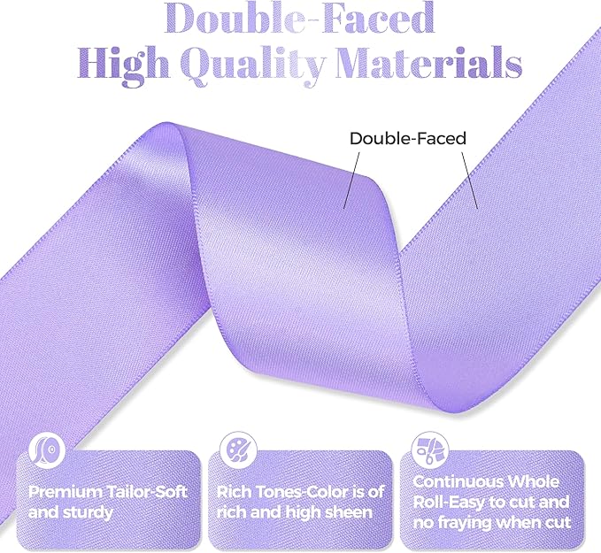 Lilac Satin Ribbon, Double Faced 2 Inch X 25 Yards Lilac Ribbon, Premium Satin Ribbon for Gift Wrapping, Crafts, Hair Bow Making, Sewing, Flower Bouquet, Wedding Party Decor