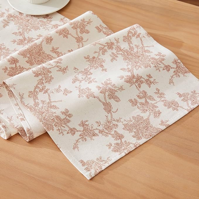 100% Cotton French Pastoral Table Runners, 13x60 Inch Terracota Farmhouse Table Runners 60 Inches Long, Vintage Flowers Print Home Decors