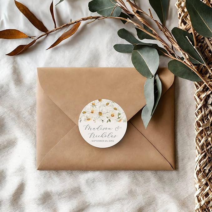 Personalized Floral Wedding Stickers with Your Choice of 30 Flower Styles - Choose Font and One of Five Pre-made Phrases or Add Custom Text (028 - Daisies)