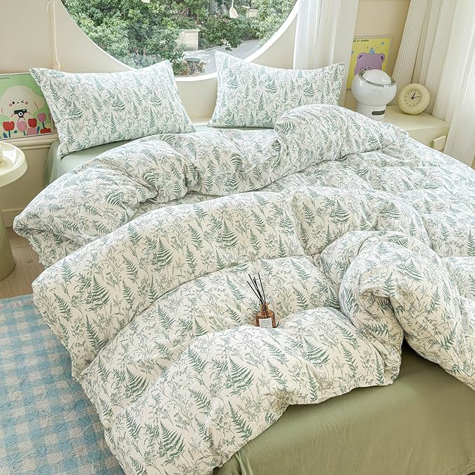 LifeTB Muslin Duvet Cover Twin Size 100% Cotton Botanical Floral Comforter Cover Ultra Soft Cottagecore Bedding Set Lightweight Linen Feel Textured Breathable Gauze Duvet Cover with 2 Pillowcases