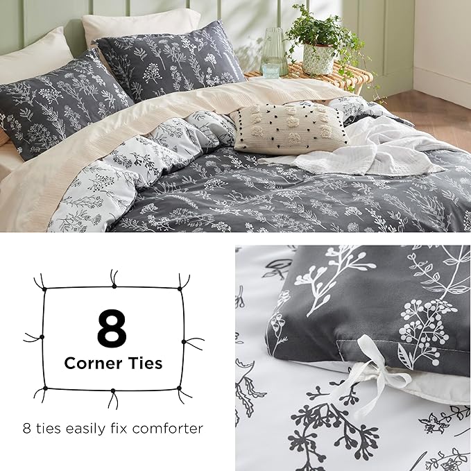 Bedsure Duvet Cover King Size - Reversible Dark Grey King Duvet Cover Set with Zipper Closure, 3 Pieces Floral Patterned Bedding Set with 8 Corner Ties and 2 Pillow Shams