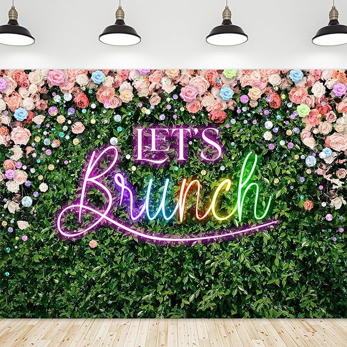 Riyidecor Green Leaves Let's Brunch Backdrop Polyester Fabric Neon Rainbow Pink Floral 8Wx6H Feet Rustic Greenery Photography Background Grass Lawn Women Brunch Party Photo Studio Shoot