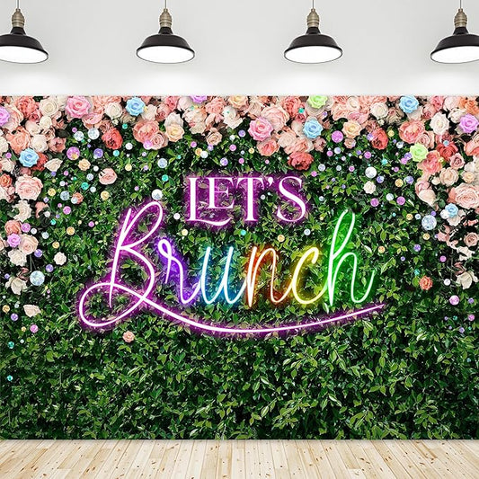 Riyidecor Green Leaves Let's Brunch Backdrop Polyester Fabric Neon Pink Rainbow Floral 7Wx5H Feet Greenery Photography Background Grass Lawn Women Brunch Party Photo Studio Shoot