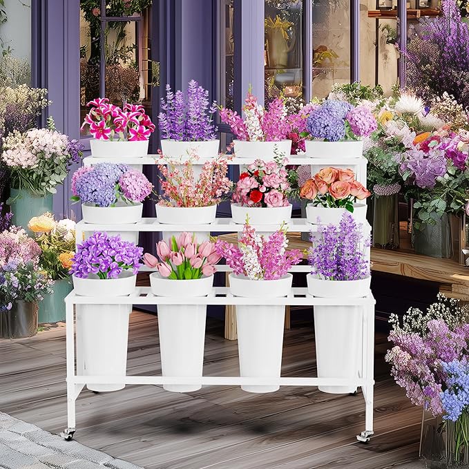 Asee'm Flower Display Stand with 12 Buckets, 3-Tier Flower Stand with Wheels, Heavy Duty Moving Metal Plant Bar Cart Stands Florist Bouquet Shelf for Indoor Outdoor Patio Garden(White - Round Bucket)