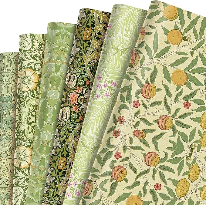 12 Sheets William Morris Wrapping Paper William Morris Gift Wrap Paper Vintage Floral Gift Wrapping Papers Green Vines and Flowers Art Papers for DIY Crafts Birthday Gift Packing Favors, 20x27 Inch