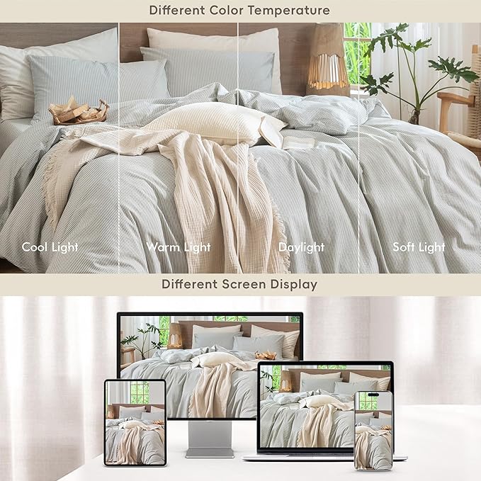 MooMee Striped Duvet Cover Set 100% Washed Cotton Linen Like Textured Breathable Durable Soft Comfy (Heathered Green Pinstripes, Super Queen 90"x98")