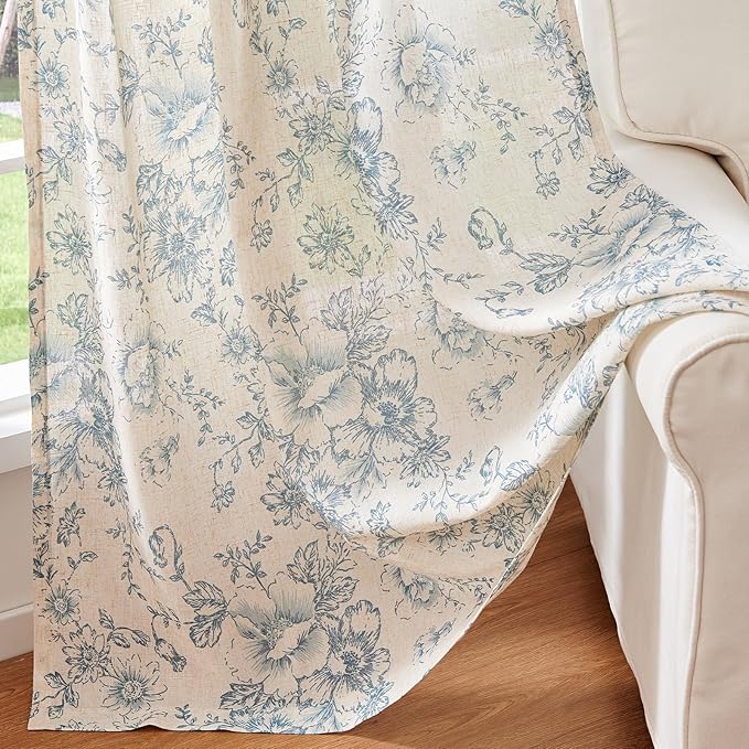 jinchan Linen Blend Curtain Floral Curtains for Living Room 96 Inch Length Blue Printed Curtain Rod Pocket Back Tab Farmhouse Peony Flower Patterned Drapes Bedroom Window Curtains Set 2 Panels