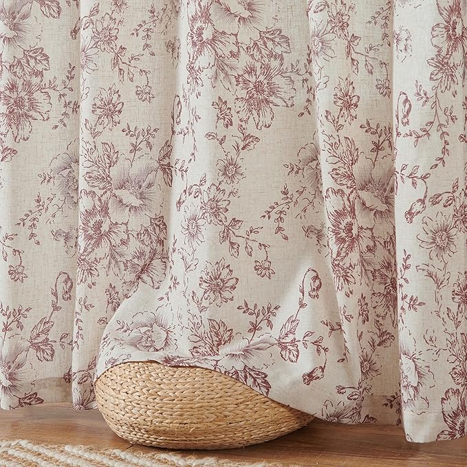 jinchan Linen Blend Curtain Floral Curtains for Living Room 90 Inch Length Christmas Brick Red Printed Curtain Rod Pocket Back Tab Farmhouse Peony Flower Patterned Drapes Curtains Set 2 Panels