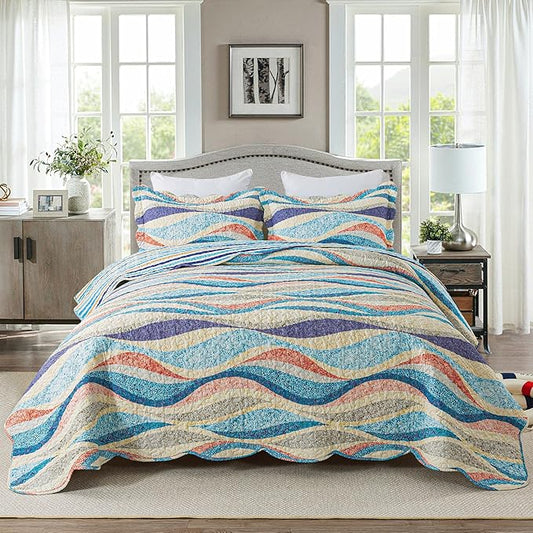 HoneiLife King Quilt Bedding Set - 3 Pieces Beach Quilt Sets Coastal Bedspreads Ocean Coverlets Microfiber Bed Cover All Season Quilts