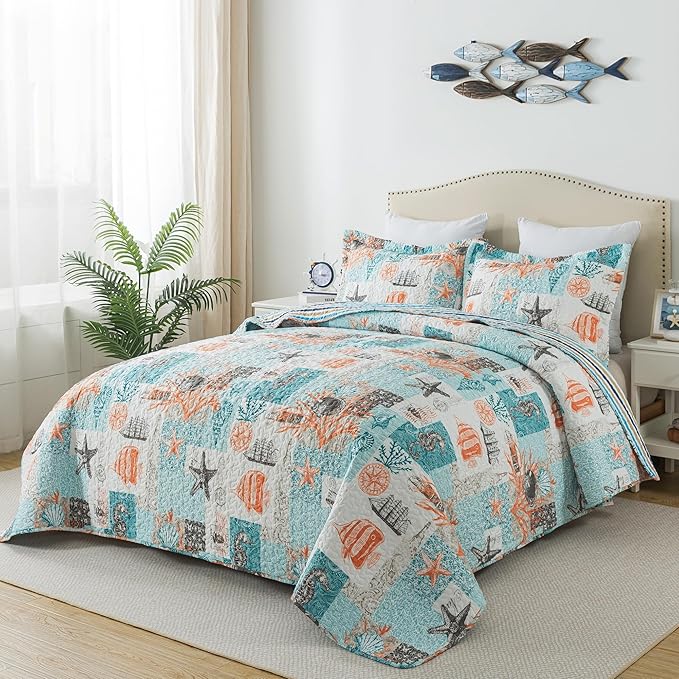 HoneiLife Quilt Set Queen Size - 3 Pieces Nautical Bedspreads Coastal Coverlets Ocean Bed Cover Queen Quilt Bedding Set All Season Quilts