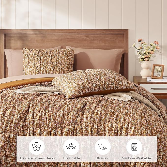 Queen Comforter Set-7 Pieces Brown Classic Puff Floral Bedding Sets for All Seasons,Shabby Chic Farmhouse Bed in a Bag Queen with Wildflowers Comforter,Sheets, Pillowcases & Shams