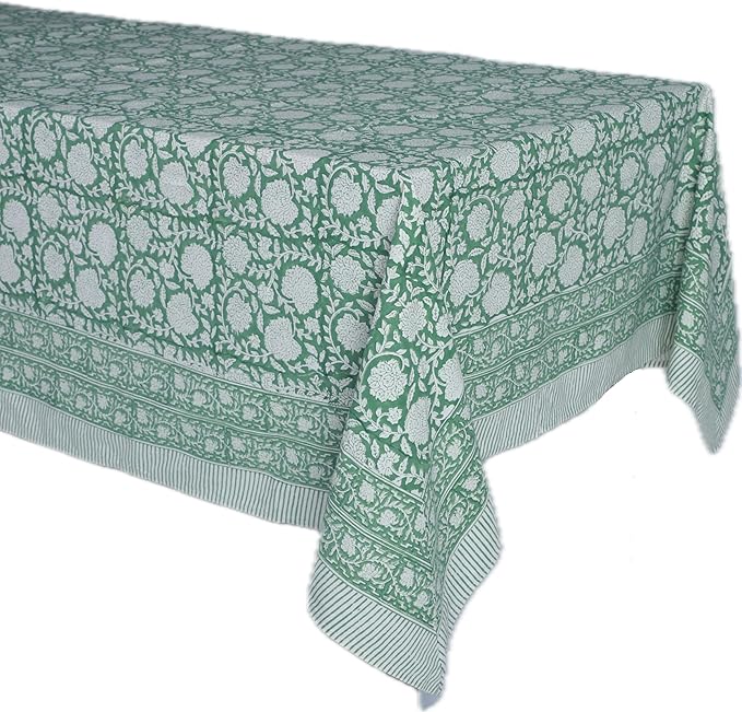 ATOSII Shalimar Green 100% Cotton Spring Summer Tablecloth, Handblock Print Rectangle Table Cover for Dining, Parties, Wedding, Outdoors, Easter Table Cloth I 72 X 140 Inches I 12 Seater