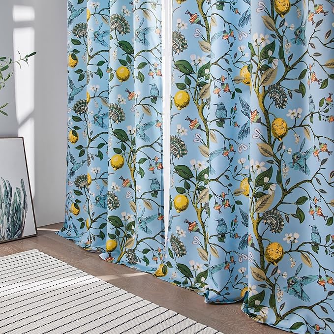 Light Blue Rustic Pinch Pleated Curtains 96 Inches Long for Living Room Bedroom Blackout Vintage Art Deco Anthropologie Vintage Floral Lemon Hummingbird Drape 2 Panels