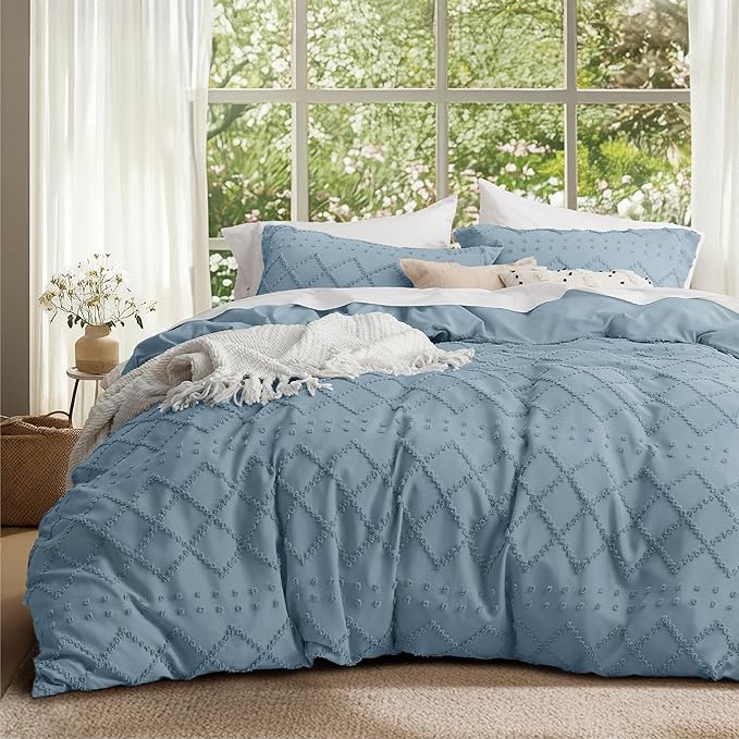 Bedsure Boho Duvet Cover King Size, Mineral Blue Breathable & Soft Boho Bedding, Machine Washable Comforter Cover for All Seasons, Includes 1 Duvet Cover 104"x90" with 2 Pillow Shams & Zipper Closure