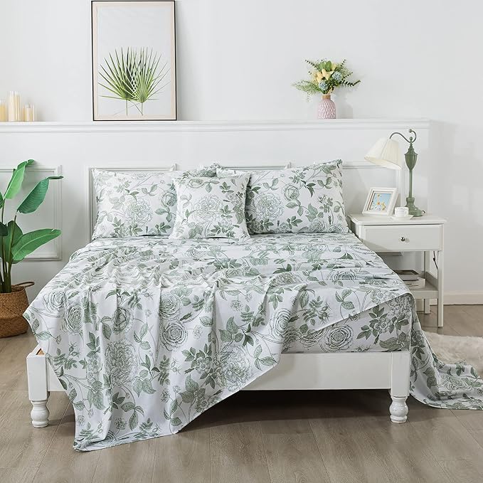 FADFAY Sheets Set Twin Vintage White and Green Floral Bedding Elegant Peony Sheets Set Shabby Rose Farmhouse Bedding 100% Egyptian Cotton 800 Thread Count Deep Pocket Fitted Sheet 4Pcs, Twin Size