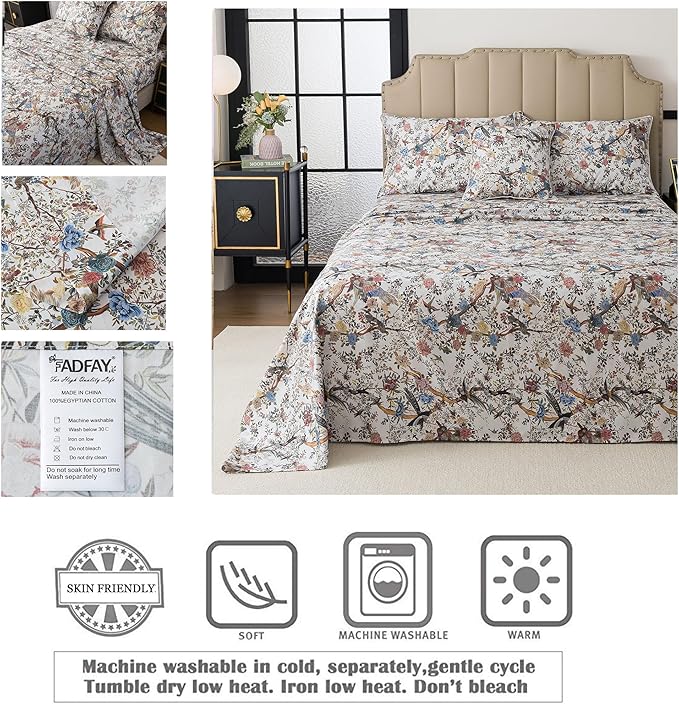 FADFAY Sheets Set King Botanical Bird Floral Bed Sheets Set Vintage Mocha Mousse Farmhouse Bedding Shabby Branches Bedding 100% Egyptian Cotton Breathable Soft 17.7" Deep Pocket 4Pcs, King Size