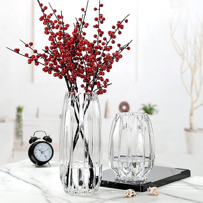 Crystal Clear Glass Vase - Modern Ribbed Design for Flowers, Candles, and Decorative Accents - Tall/Short Sizes (Clear, H7.87inch)