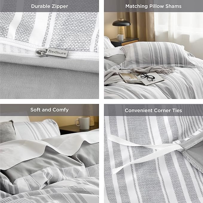 Bedsure Twin/Twin XL Duvet Cover Kids - Striped Reversible Duvet Cover Set with Zipper Closure, 2 Pieces Grey Bedding Set with 8 Corner Ties and 1 Pillow Sham 20"x26"