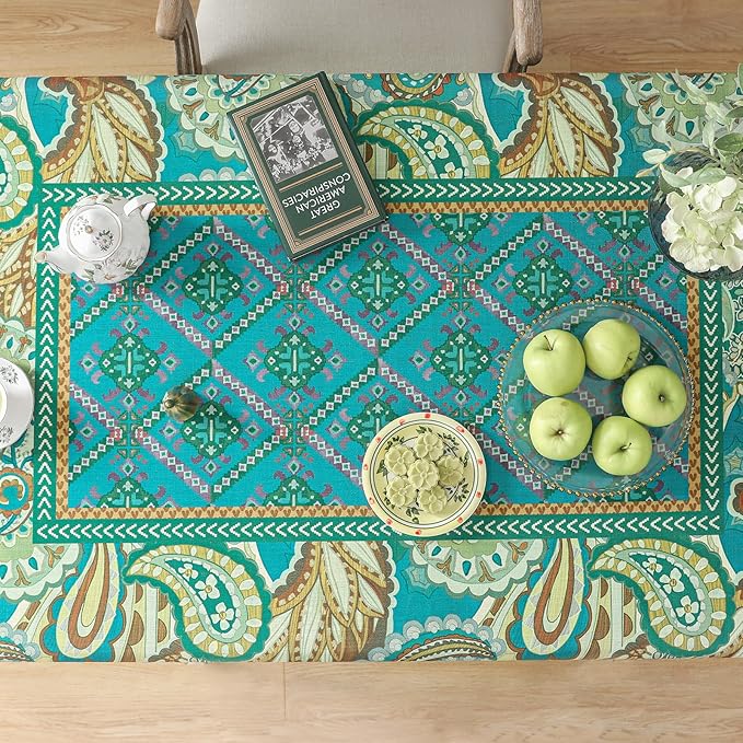 Linen Green Tablecloth,Wrinkle Resistant French Vintage Tablecloth Print with Foral,Decor Square Table Cloth for Thanksgiving,Dining Room,Home,Kitchen 67" × 67"-Milen