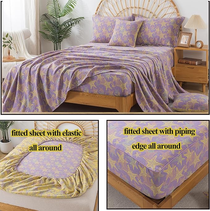 FADFAY Beach Theme Sheets Set King Purple Yellow Starfish Ocean Bedding Coastal Nautical Bedding Super Soft Washed Double -Layer Muslin Sheets 100% Cotton Deep Pocket Fitted Sheet 4Pcs, King Size