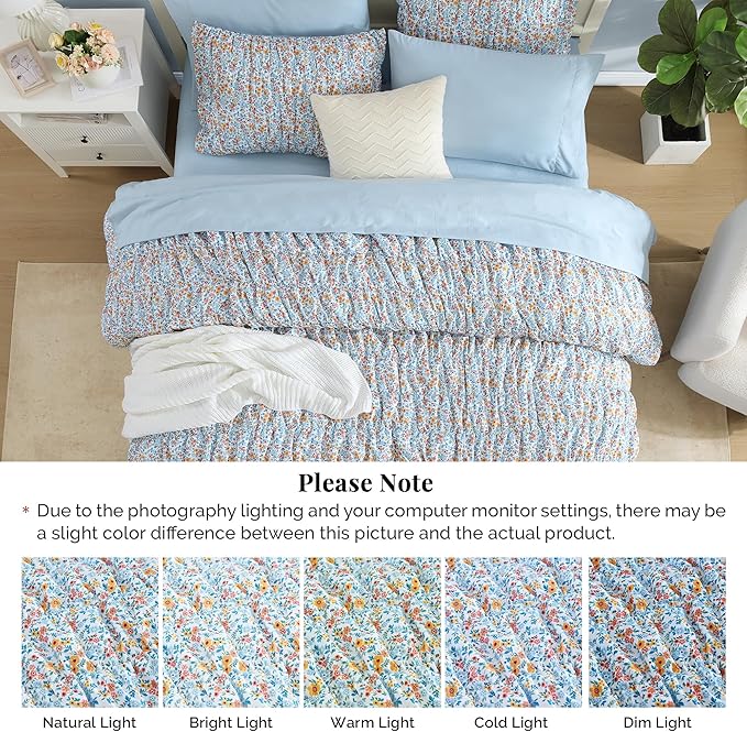 Twin XL Comforter Set - 5 Pieces Puff Blue Marigold Floral Bedding Set for All Seasons, Shabby Chic Farmhouse Bed in a Bag Twin XL with Floral Comforter, Sheets, Pillowcases & Shams