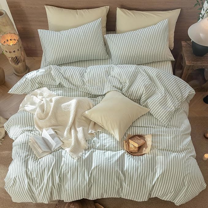MooMee Striped Duvet Cover Set 100% Washed Cotton Linen Like Textured Breathable Durable Soft Comfy (Sage Green White Classic Stripes, Queen 90"x90")