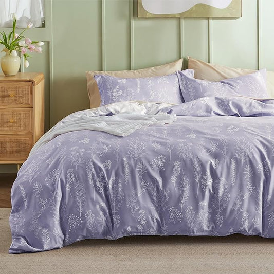 Bedsure Twin/Twin XL Duvet Cover - Reversible Purple Duvet Cover Set with Zipper Closure, 2 Pieces Cute Floral Patterned Bedding Set with 8 Corner Ties and 1 Pillow Sham