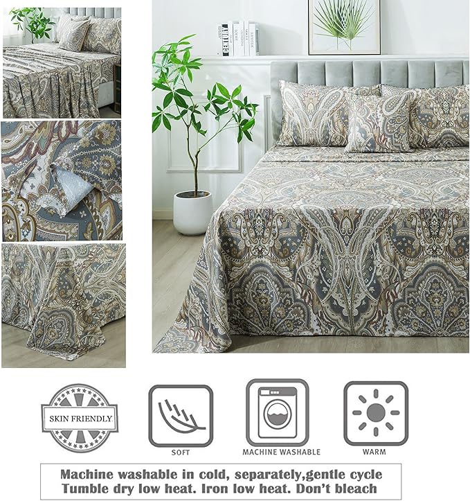 FADFAY Paisley Sheets Set King Classic Boho Paisley Bedding Luxurious Bohemian Damask Paisley Bed Sheet Set Breathable 100% Egyptian Cotton 800 Thread Count Deep Pocket Fitted Sheet 4Pcs, King Size
