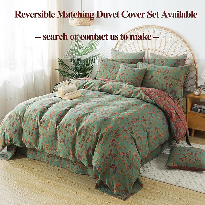 FADFAY Butterfly Sheets Set Queen Vintage Green Red Floral Bedding Shabby Farmhouse Bedding Super Soft Washed Double -Layer Muslin Sheets 100% Cotton Deep Pocket Fitted Sheet 4Pcs, Queen Size