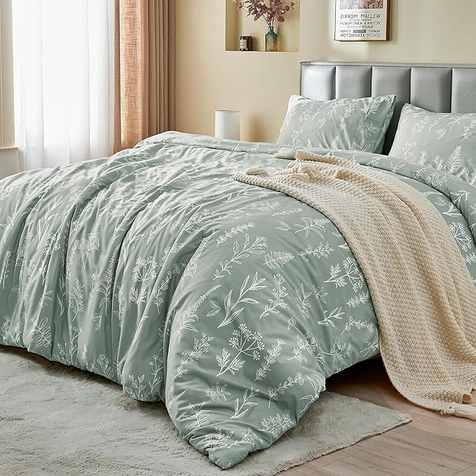 MUXHOMO Duvet Cover Queen Size, Reversible Floral Green Duvet Cover Set with Zipper Closure, 3 Pieces Botanical Patterns Soft Microfiber Bedding Set with 4 Ties (90"x90", 2 Pillow Cases)