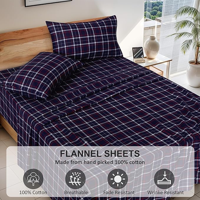 RUVANTI Flannel Sheets Twin Size - 100% Cotton Double Brushed Twin Sheets Set, Deep Pockets 16 Inches, All Seasons Breathable & Extra Soft Bed Sheets, Warm & Cozy, 3 Piece, Yankees Blue