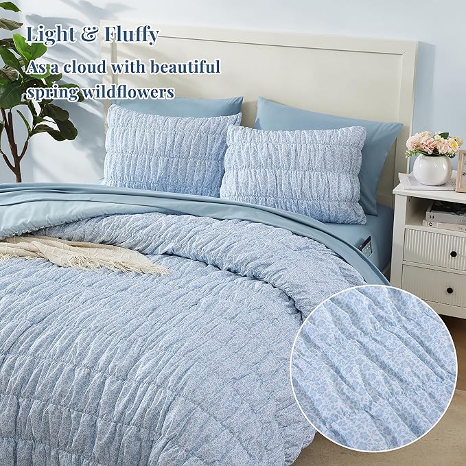 Full Size Comforter Sets - 7 Pieces Puff Cornflower Blue Floral Bedding Set for All Seasons, Shabby Chic Farmhouse Bed in a Bag Full with Floral Comforter, Sheets, Pillowcases & Shams