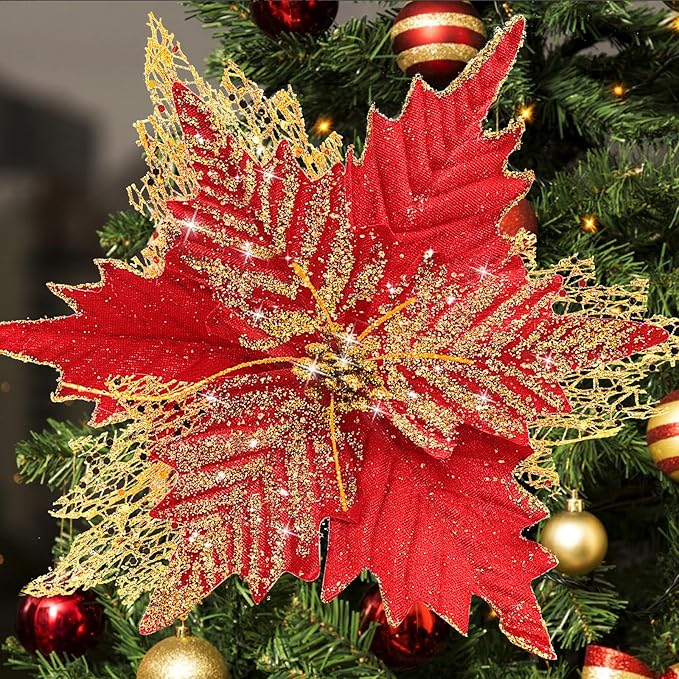 10'' Large Christmas Glitter Poinsettia Flowers Decorations, stadeco 10 Pcs Christmas Tree Picks Ornaments Artificial Flowers with Long Stems for Xmas Tree Wreath Garland Wedding Party DIY Decor