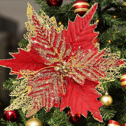 10'' Large Christmas Glitter Poinsettia Flowers Decorations, stadeco 10 Pcs Christmas Tree Picks Ornaments Artificial Flowers with Long Stems for Xmas Tree Wreath Garland Wedding Party DIY Decor