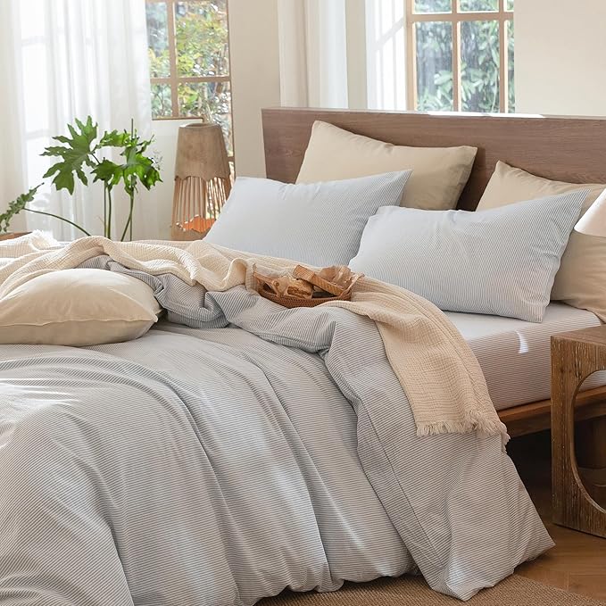 MooMee Striped Duvet Cover Set 100% Washed Cotton Linen Like Textured Breathable Durable Soft Comfy (Cornflower Blue White Pinstripes, Oversized King Plus 128"x120")
