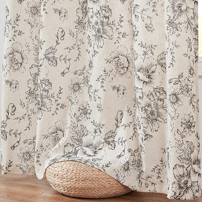 jinchan Pinch Pleated Curtains Floral Linen Blend Curtains for Living Room 84 Inches Length Black Peony Flower Printed Curtain Rod Pocket Back Tab Farmhouse Pinch Pleat Drapes with Hooks Set 2 Panels