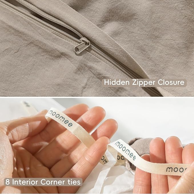 MooMee Bedding Duvet Cover Set 100% Washed Cotton Linen Like Textured Breathable Durable Soft Comfy (Heathered Taupe, Cal King 104"x98")
