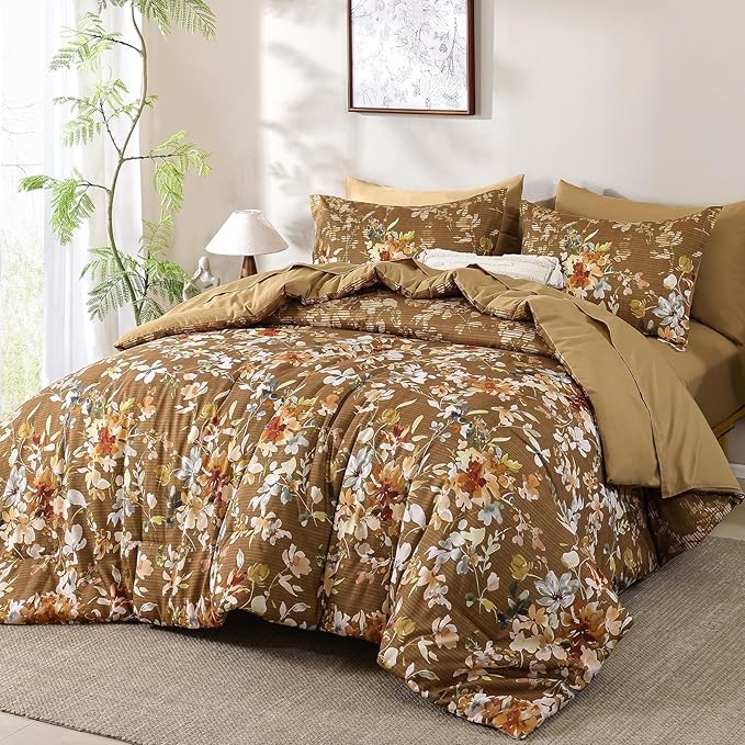 Dobuyly Fall Queen Comforter Set, 7 Pieces Brown Floral Comforter Set, Bed in a Bag Queen with Botanical Flowers Pattern, Farmhouse Queen Size Bedding Set with Sheets, Pillowcases & Shams