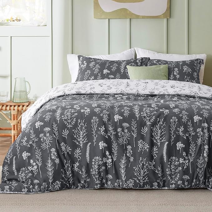 Bedsure Duvet Cover Queen Size - Reversible Dark Grey Queen Duvet Cover Set with Zipper Closure, 3 Pieces Floral Patterned Bedding Set with 8 Corner Ties and 2 Pillow Shams